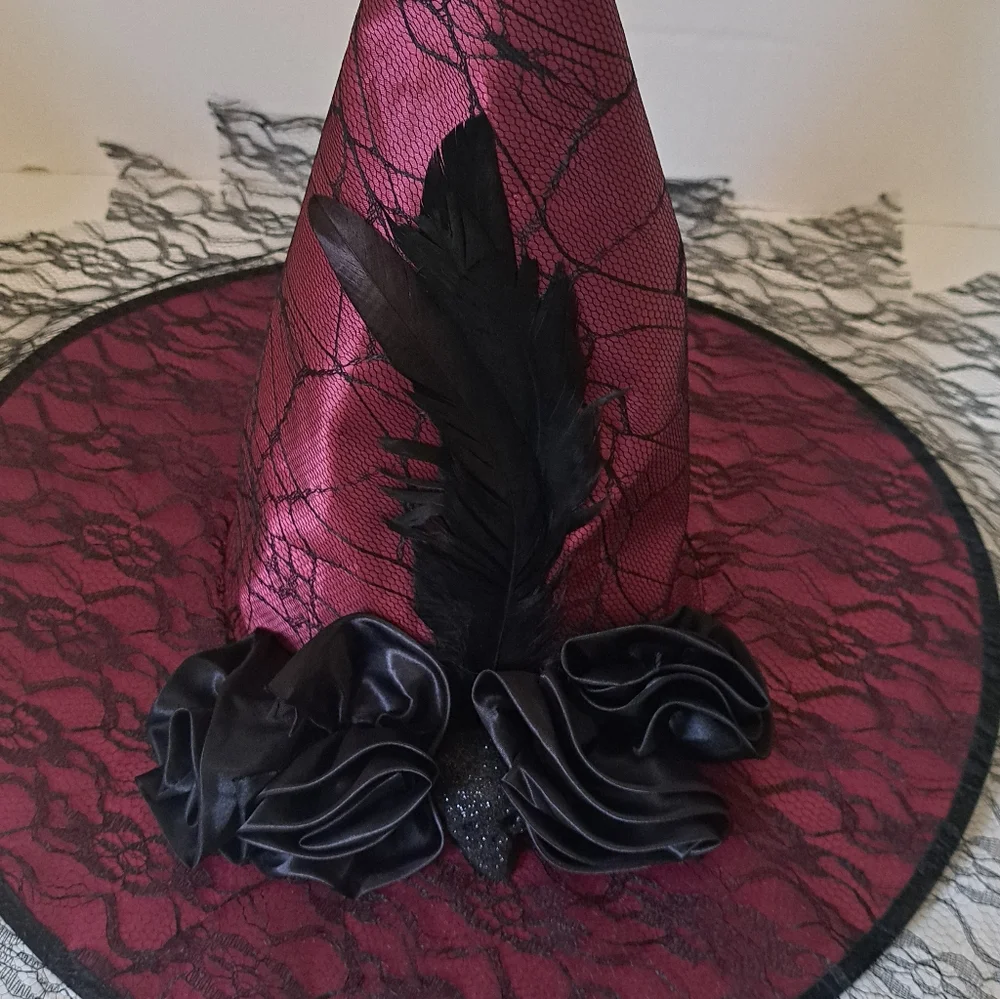 New Witch Hat Wide Brim Feathers Skull Veil Cap One Size Costume Burgundy Black